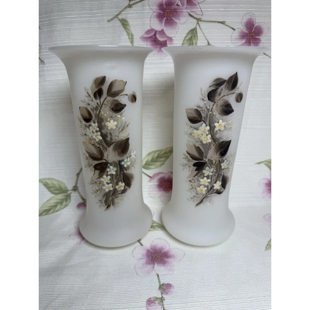 Vintage Hand Painted Milk Glass Floral Vases Set of 2 White 8